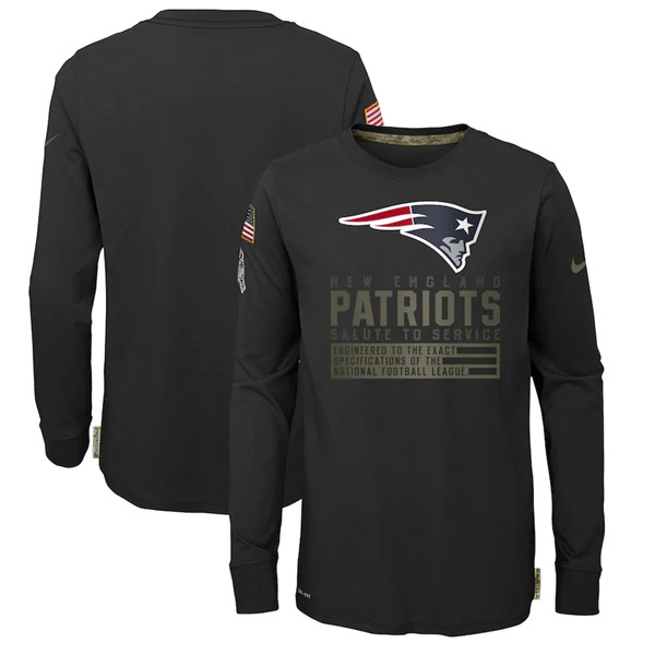 Youth New England Patriots Black NFL 2020 Salute To Service Sideline Performance Long Sleeve T-Shirt